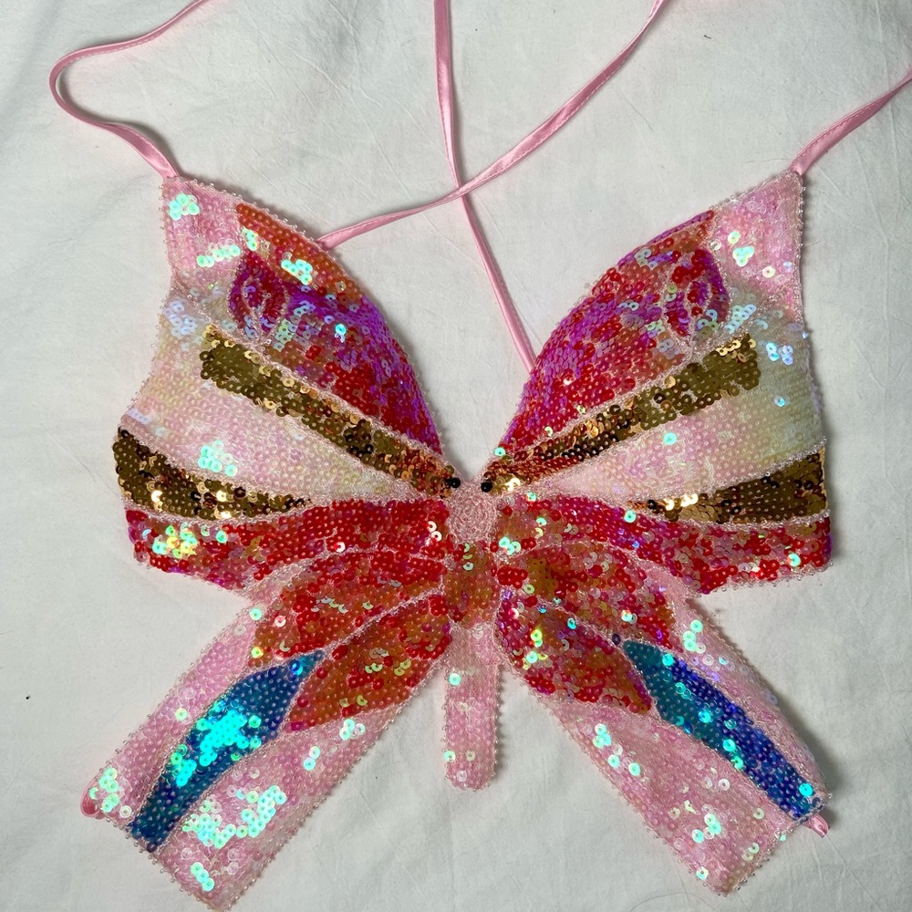 Sequin butterfly lace back top